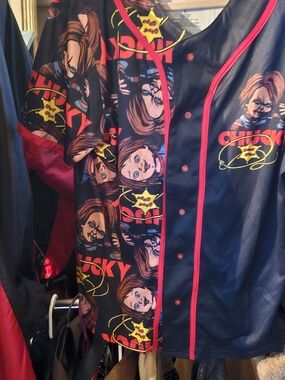 Chucky Graphic Baseball Jacket - Navy & Hot Pink